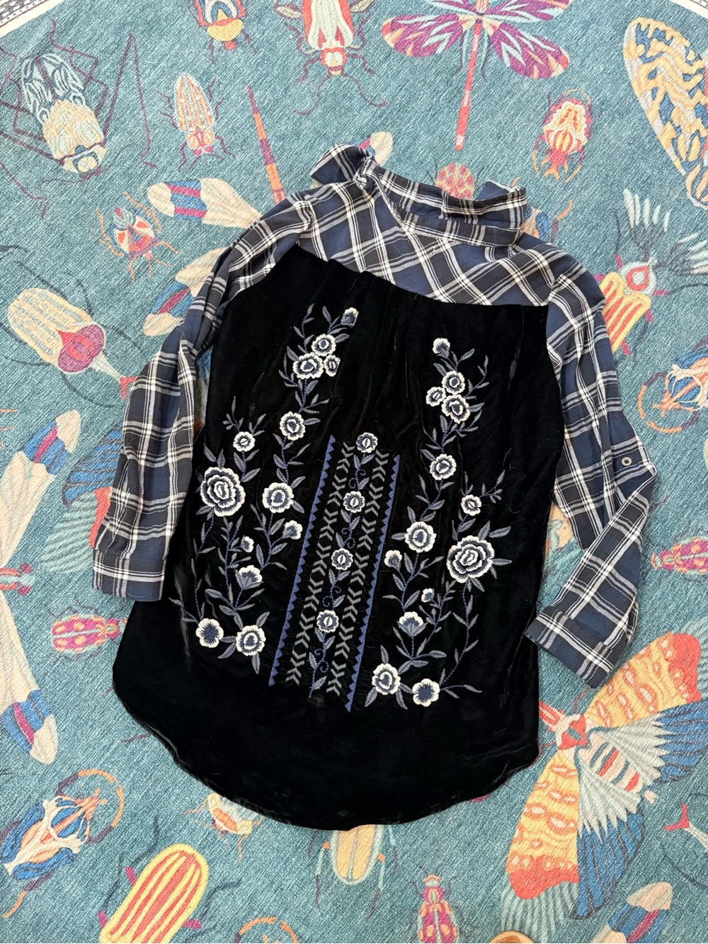 Kyla Seo x Athleta embroidered velvet button down tunic in black blue plaid S